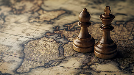 Wooden chess pieces on the old map of the world. Vintage style.の素材