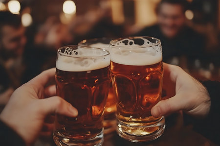Close up of male hands holding glasses with beer at bar counter.の素材