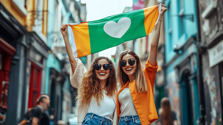 Beautiful girls in sunglasses holding flag of Ireland in the city.の素材