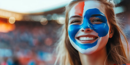 Portrait of a beautiful girl with a painted face in a stadiumの素材