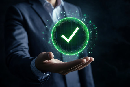 Businessman holding green check mark icon on dark background. Approval conceptの素材