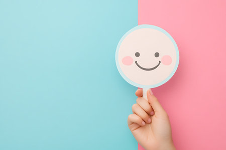 Female hand holding paper card with smiley face on pink blue backgroundの素材