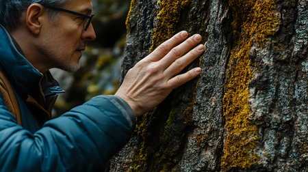 Senior man looking at a tree trunk with moss and lichen.の素材