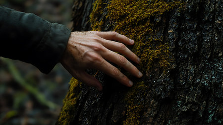 Hands of a man on a tree trunk in the forest.の素材