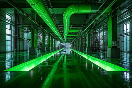 Green fluorescent lights in the corridor of a modern factory. 3d renderingの素材