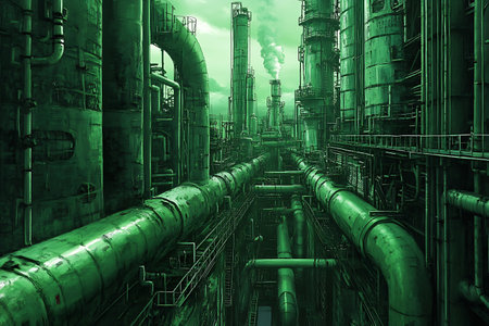 Structure of oil refinery in green tone. 3D rendering.の素材