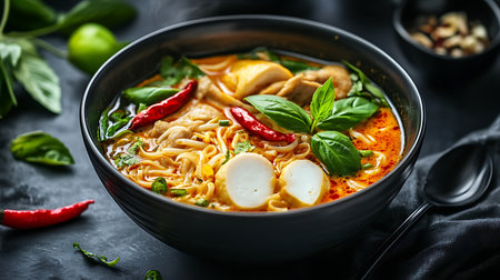 Bowl of spicy Thai soup with chicken and vegetables on dark backgroundの素材