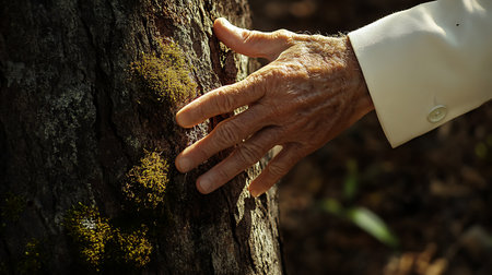 Hands of an old man touching the trunk of a tree.の素材