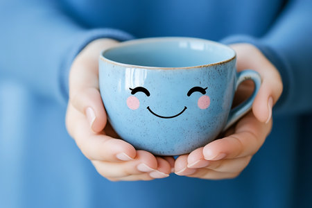 Female hands holding cup of coffee with smiley face, closeupの素材