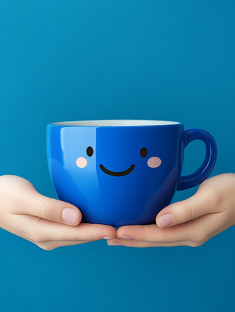 Coffee cup with smiley face in hands on blue backgroundの素材