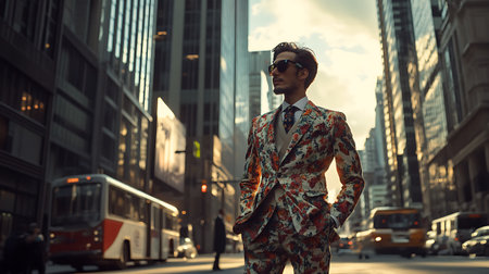 Young handsome man in a fashionable suit and sunglasses in the city.の素材