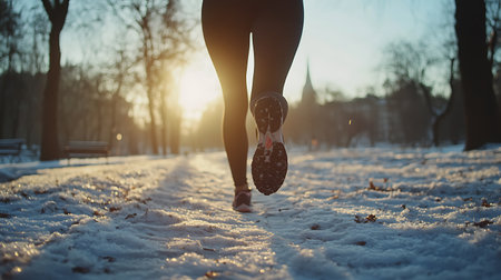 Young woman running in winter park. Fitness and healthy lifestyle concept.の素材