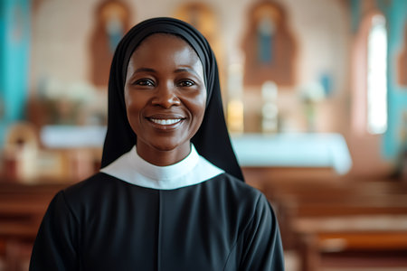 Portrait of smiling nun in church. Young black nun standing in church.の素材