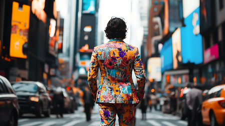 Back view of a man wearing a colorful suit in Times Squareの素材