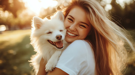 Beautiful young woman with her dog in the park at sunset.の素材