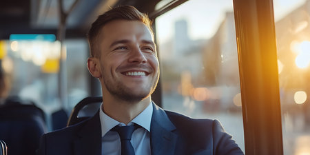 portrait of smiling businessman looking at camera while riding bus in cityの素材