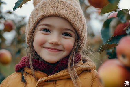 Cute little girl in a hat and coat in an apple orchardの素材