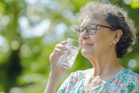 Portrait of a senior woman with glass of water in the parkの素材