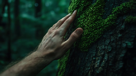 Man's hand touching a tree trunk covered with green moss in a forestの素材