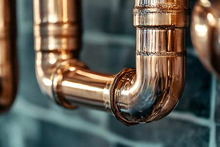 Close up of copper pipes in a modern bathroom. Selective focus.の素材