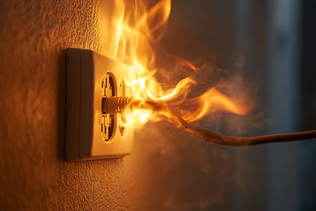 Electrical outlet with fire on the wall. Close-up.の素材