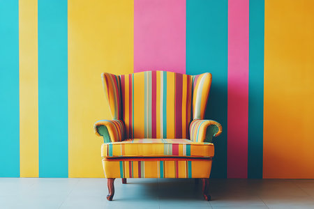 Retro armchair on colorful wall background, vintage color tone.の素材