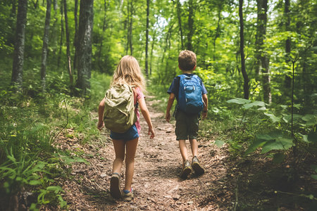 Two kids go hiking in the forest. A boy and a girl with backpacks go hiking.の素材