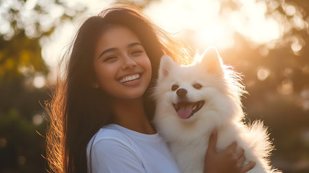 Beautiful asian woman with white dog in the park at sunsetの素材
