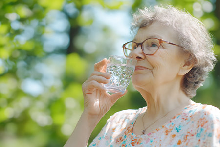 Elderly woman drinking water from a glass in the park.の素材