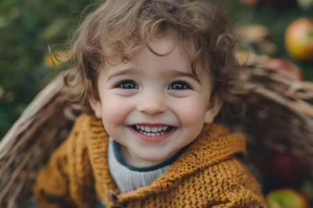 Portrait of a cute little girl in a knitted sweater sitting in a wicker basket on the background of apples.の素材