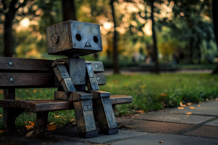 Wooden bench in the park at sunset. Selective focus.の素材