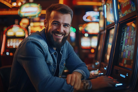 Handsome young man playing slot machine in casino. Cheerful man smiling and looking at camera.の素材