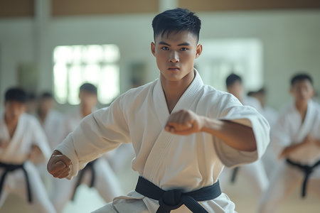 young asian man in kimono practicing taekwondoの素材