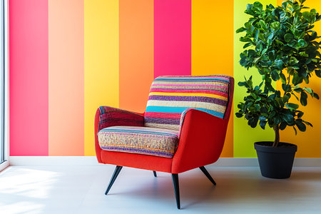 Armchair and plant on colorful wall background, interior design concept.の素材
