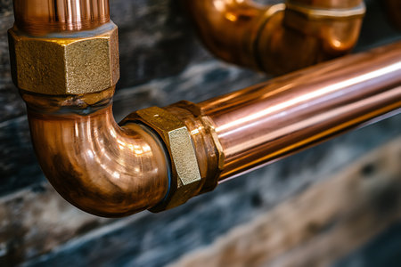 Close-up of copper pipes in the boiler room. Selective focusの素材