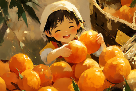 girl and oranges in the garden - digital painting of a girl holding orangesの素材