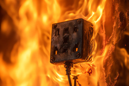 Burning electrical outlet on the background of a burning fire. Selective focus.の素材