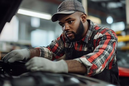 young african american mechanic in cap and gloves working in auto repair shopの素材