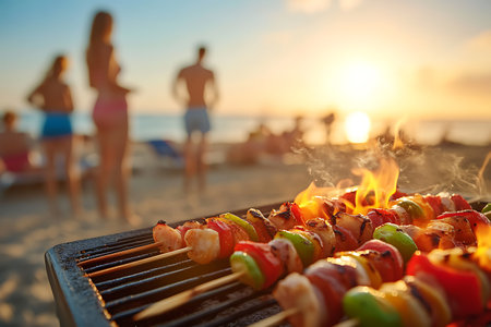 Barbecue on the beach at sunset. Grill on the beach.の素材