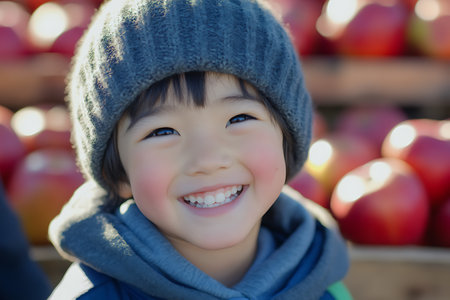 Little asian boy in the apple orchard, selective focus.の素材