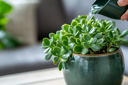 Watering green succulent plant in a pot with a watering canの素材