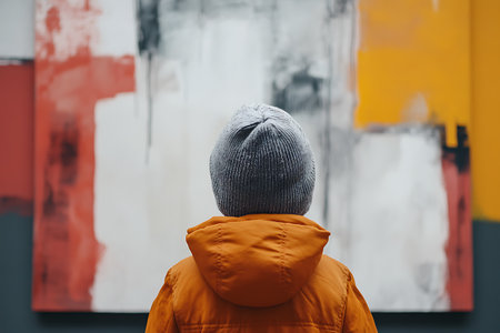 Back view of a young man in a yellow jacket and a hat looking at an abstract painted wallの素材