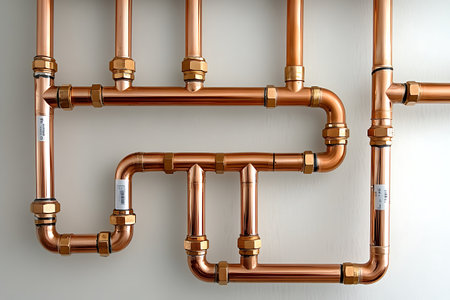 Copper pipes on the wall of the boiler room, heating systemの素材