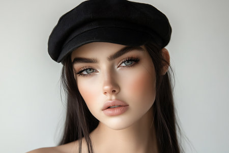 Portrait of a beautiful girl with makeup in a black hat.の素材