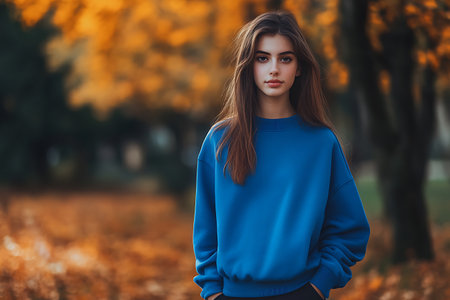 Beautiful young woman in a blue sweater in the autumn park.の素材