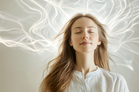 Portrait of a beautiful young woman with closed eyes and closed eyesの素材