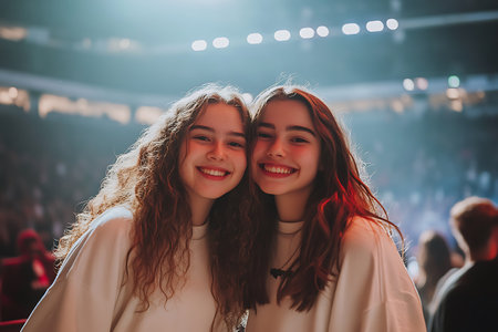 Portrait of two beautiful girls in a concert hall. They are looking at the camera.の素材