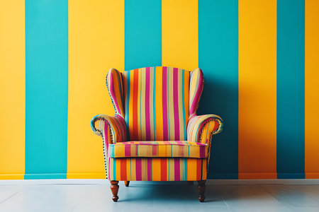 Retro armchair on colorful striped wall. Minimalistic interior designの素材