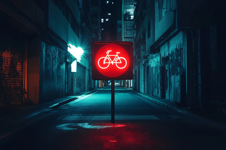 Bicycle road sign on the street at night, 3D renderingの素材