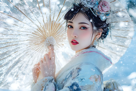 Beautiful asian woman in kimono with fan on snow backgroundの素材